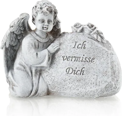 Produktbild von com-four® Grabdekoration Engel, Gedenkstein mit Rosen und Inschrift, wetterfester Grabschmuck, Trauerstein mit Gedenkspruch