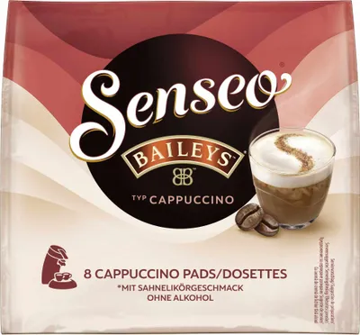 A package of Senseo Baileys Cappuccino coffee pads.