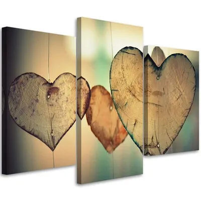 Produktbild von Triptychon auf leinwand hölzerne herzen 120x80 cm Feeby braun wandbild bereit zum aufhängen