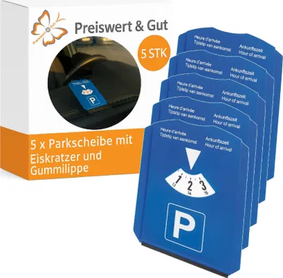 Produktbild von 5 x Parkscheibe mit Eiskratzer – mit Gummilippe, Kunststoff, blau, ideal im Winter für klare Sicht, Auto Zubehör Parkuhr