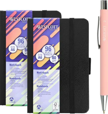 Produktbild von Westcott Notizbuch DIN A6 kariert (2er-Set) inkl. PRIMESOFT Premiumkugelschreiber | 2 x 192 Seiten im Hardcover | 80 g/m²Papier | Innentasche, Lesezeichen, Gummizug, Stifthalter | E-1744843 00