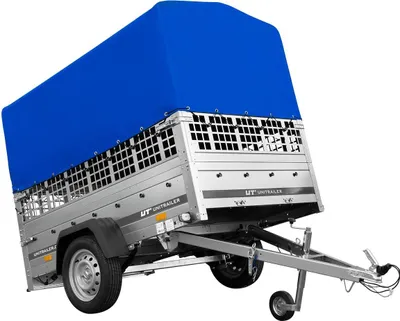 Produktbild von Einachsanhänger auf Federn 200x125 UNITRAILER GARDEN 201/R KIPP mit Gitterwänden, H-800-Rahmen und blauer Plane