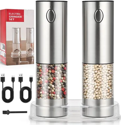 Produktbild von Elektrische Salz- und Pfeffermühle Set, Edelstahl Gewürzmühle, 2 Stück Elektrische Pfeffer- und Salzmühle im Set, USB Aufladbar, mit LED-Licht