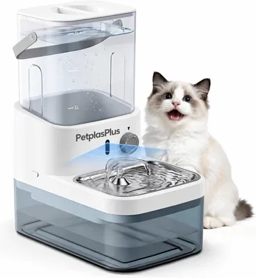 Productafbeelding van Draadloze kattenfontein zonder filter, met een 4000mAh batterij voor tot 25 dagen gebruik, een 3 liter reservoir voor vers water en een 2,7 liter reservoir voor afvalwater. Ultrastille drinkfontein met radarsensor, uitgevoerd in roestvrij staal, speciaal ontworpen voor katten