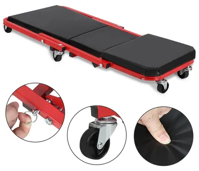 Produktbild von Vigevee Kfz Montageliege 2 in 1, Rollbrett Werkstatt und Werkstatthocker, 91 x 41 cm, 6 Lenkrollen, bis 150 kg, Schwarz-Rot