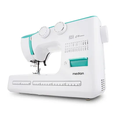A white and turquoise Medion sewing machine is shown against a white background.