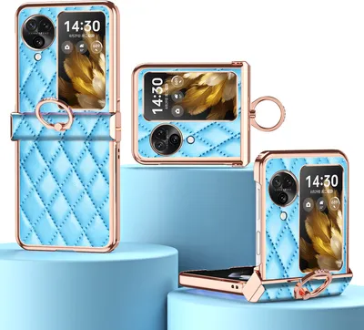 Image de Etui pour Oppo Find N3 Flip Etui de luxe en cuir galvanisé avec support d'anneau et protection de charnière bleu