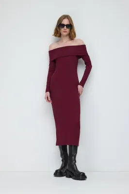 Produktbild von Schulterfreies Cord-Midikleid, Burgundy, M