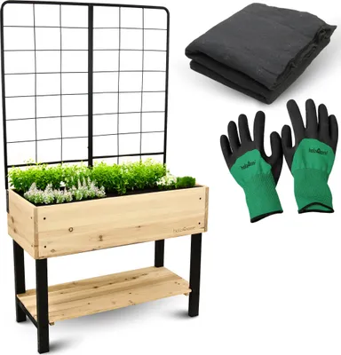 Produktbild von holz4home® Hochbeet mit Rankgitter aus Metall I Aus Tannenholz inkl. Gartenhandschuhe & Einlegevlies I Rustikales Design I Gartenmöbel Gartenset