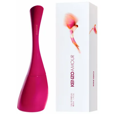 A pink perfume bottle and its packaging are displayed against a white background.