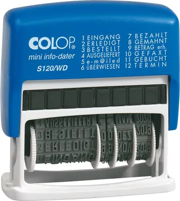 Zdjęcie produktu dla Colop S 120/WD, Samotuszujący, Tekst/Datownik, 4 x 42 mm, Niebieski, Biały, Plastik, Czarny