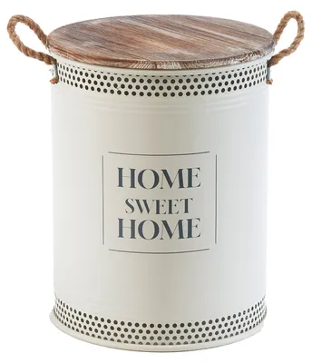 A white metal laundry bin with a wooden lid and rope handles, featuring the text "HOME SWEET HOME".