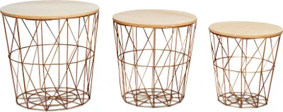 Produktbild von 3er Set Beistelltisch Metall Metallkorb Drahtkorb Kupfer Couchtisch Deckel Deko