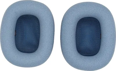 Two blue ear pads for headphones are shown against a white background.