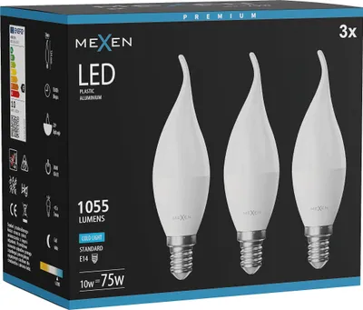 Obrázek produktu pro Mexen Nova 3x LED žárovka plamen E14, C37, 10W, Studená - 6500K, 1055 lm - L106-E14-1065-01x03