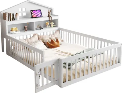 Produktbild von Kinderbett mit Lattenrost und Zaun, 140x200 cm, Rausfallschutz, Stauraum, Jugendbett, Holzbett, Kiefer
