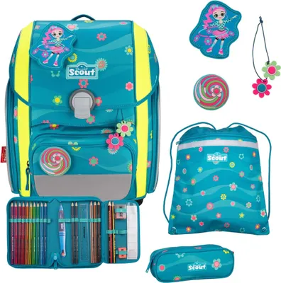 A collection of school supplies including a backpack, pencil case, and drawstring bag, all with a floral design.