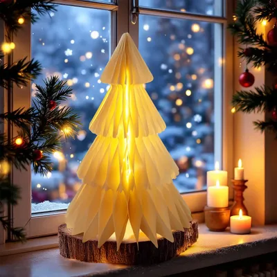 Productafbeelding van Papieren kerstboom met LED-verlichting, warm wit - 30 cm - Decoratieve kerstboom, opvouwbaar, werkt op batterijen