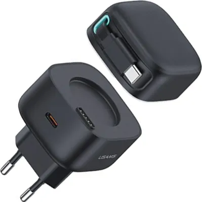 Produktbild von Usams ad. Netzwerk. 1Xusb-C Mit Usb-C Einziehbares Kabel Pd+Qc 35W Gan Schnellladen Schwarz/Schwarz Xmf Serie Cc202Tc01 (Us-Cc202)