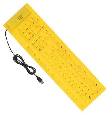 Obrázok produktu pre Skladateľná silikónová klávesnica, 108 klávesov, silikónová, skladateľná, s USB káblom, vodotesná, tiché písanie, úplne utesnená, skladateľná klávesnica, žltá
