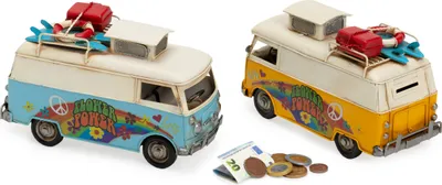 Produktbild von Retro Deko Camping Bus aus Blech mit Spardose und Blumenmuster Gelb Format: 25,5x21,5x15cm