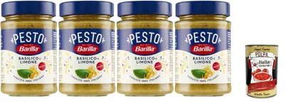 Produktbild von Barilla Pesto Basilico e Limone, Italienische Basilikum-Zitronen Sauce, 4 x 190g Gläser, + Italian gourmet polpa 400g