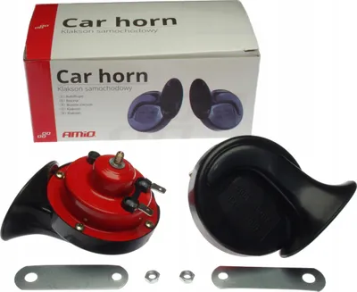 A product shot of car horns and their packaging.