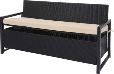 Produktbild von Poly-Rattan 3er Sitzbank HWC-F39, Gartenbank Truhenbank, Staufach Aufbewahrung Sitzkissen  anthrazit, Kissen beige