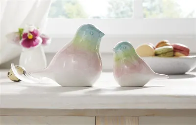 Produktbild von 2x Dekofigur Vogel "Pastell" aus Porzellan, glänzend, 9 + 12 cm hoch, Osterdeko, Frühlingsdeko, Figurenset