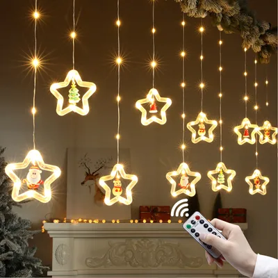 Produktbild von 3m LED Weihnachten Stern Lichterkette 8 Lichtmodi Lichtervorhang Batteriebetrieben mit Fernbedienung für Innen Fenster Party Deko