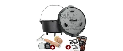 Image de GUSSKÖNIG Dutch Oven Set [4.5L] sans pieds - Marmite cuite au feu avec lève-couvercle 2en1 innovant, brosse et livre de recettes [pour 1 à 3 personnes]