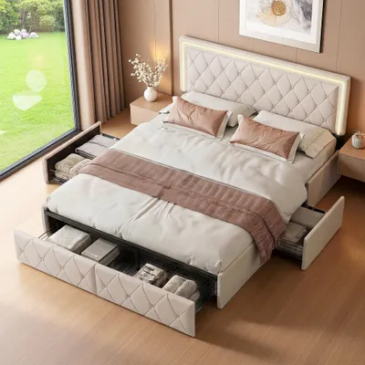 Immagine prodotto di Letto imbottito INONEFT, 160x200 cm, letto per ragazzi con illuminazione LED, letto matrimoniale con poggiatesta regolabile in altezza e 4 cassetti contenitori, colore beige