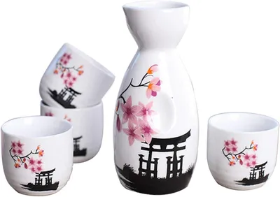 Produktbild von Japanisches Sake-Set aus handbemalter Keramik, 5-teilig, mit Rosablütenmuster