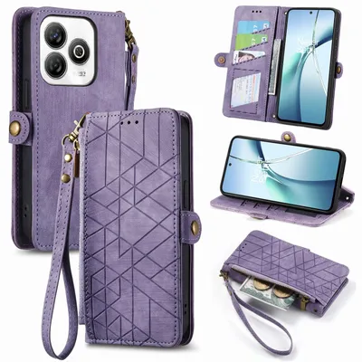 Produktbild von Für ZTE Blade A75 4G Geometric Design Kunstleder Zipper Book Wallet Tasche mit Schlaufe Lila