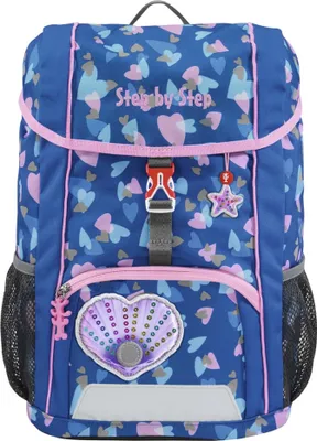 A blue backpack with a heart and shell pattern, and pink trim.