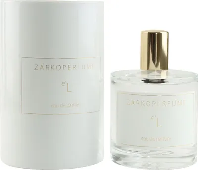 A perfume bottle and its packaging are displayed against a white background.