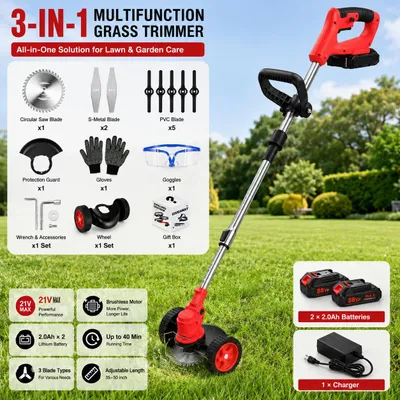 Produktbild von Akku-Rasentrimmer 21V mit 2 Batterie, Freischneider, Motorsense, mit Akku und Ladegerät, Teleskop-Stiel & Zusatzhandgriff
