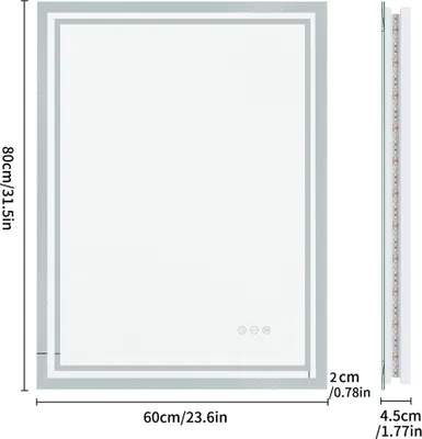 Zdjęcie produktu dla WISFOR Lustro łazienkowe LED 80×60 cm Lustro łazienkowe z oświetleniem Lustro łazienkowe ścienne z przełącznikiem dotykowym Bezmgielne Ściemnialne