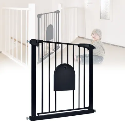 Image de Barrière de sécurité XMTECH Barrière d'escalier sans perçage 75-85cm Barrière de sécurité avec portillon pour chiens et chats (Noir)