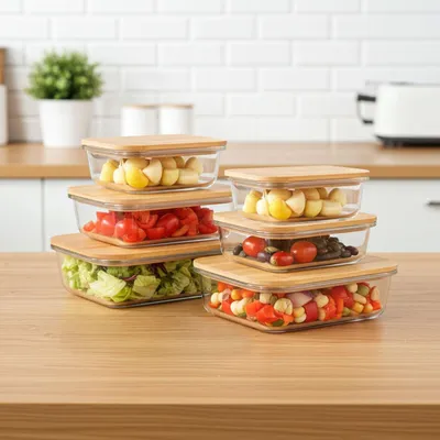 Produktbild von 6er-Set Hochwertige Vorratsdosen mit Deckel, rechteckig, Glas/Bambus, 3 Grössen: Vorratsgläser für Aromaschutz & eine stilvolle Ordnung