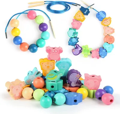 Produktbild von 32Pcs Montessori Holzspielzeug Fädelspiel, Holzperlen zum Auffädeln Kinder ab 2 3 4 5, Fädelspiel Pädagogisches Holz, Tiere Perlen Fädelspiel