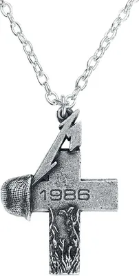 A silver-colored necklace with a pendant shaped like a cross with a helmet and the year 1986 inscribed on it.
