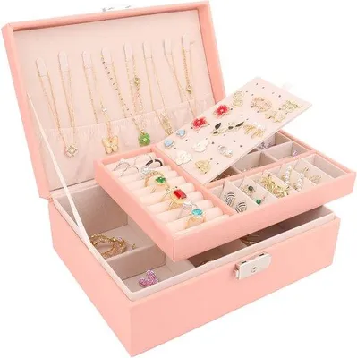 Produktbild von Weibliche Schmuckbox, 2 Ebenen, Kunstleder, Schmuckorganizer Box für Ohrringe, Ringe, Armbänder und Ketten