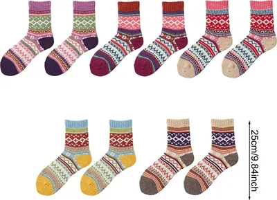 Produktbild von 5 Paar Retro-Socken im Ethno-Stil für Damen, wärmende, farbenfrohe Stricksocken, dicke Crew-Socken, Vintage-Wintersocken, ideal als kleines Geschenk oder Mitbringsel