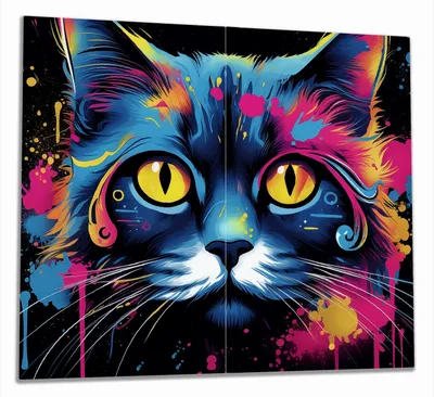 Produktbild von Wallario Herdabdeckplatte aus Glas, Größe 60 x 52 cm 2-teilig, Motiv Katze im Farbrausch