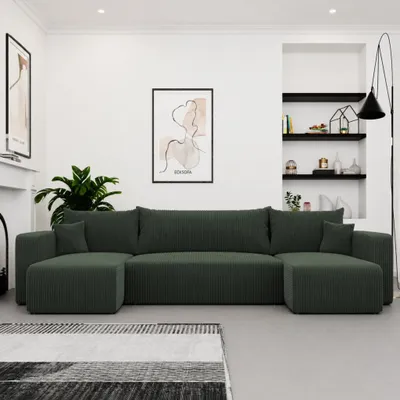 Produktbild von Ecksofa U-Form Castelo U Poso 14 Flaschengrün Cord mit Schlaffunktion und Bettkasten