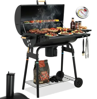 Produktbild von Trommel-Holzkohlegrill - 2-in-1 Grill und Smoker XXL - Grillfläche 70x39,5 cm - Warmhalterost - Porzellanemaillierter Stahl - Wagen für Garten & Terrasse