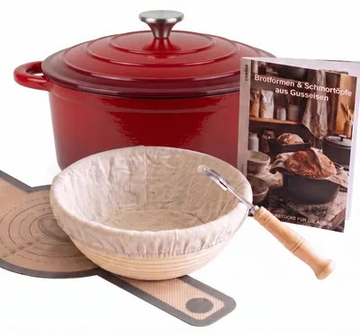 Produktbild von osoltus Brotback Schmortopf Set Gusseisen Topf 26cm 5,9 Liter Emaille Rot