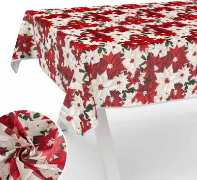 Produktbild von Tischdecke Weihnachtsstern Poinsettia mit feierlichem Motiv Tischwäsche schmutzabweisend Tischtuch aus Stoff Naturel Rot Breite 140cm Länge 280cm mit Paspelband
