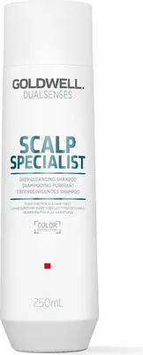 A white bottle of Goldwell Dual Senses Scalp Specialist Deep Cleansing Shampoo.